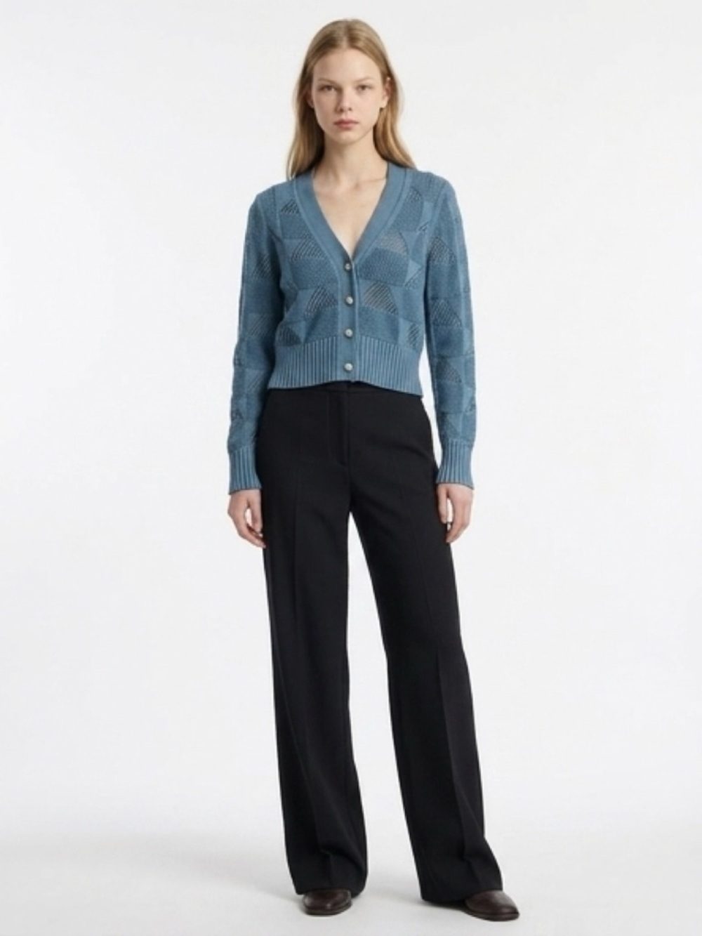 Veronica Beard Mirembe Pointelle-Knit Cotton Cardigan in Blue, Size S